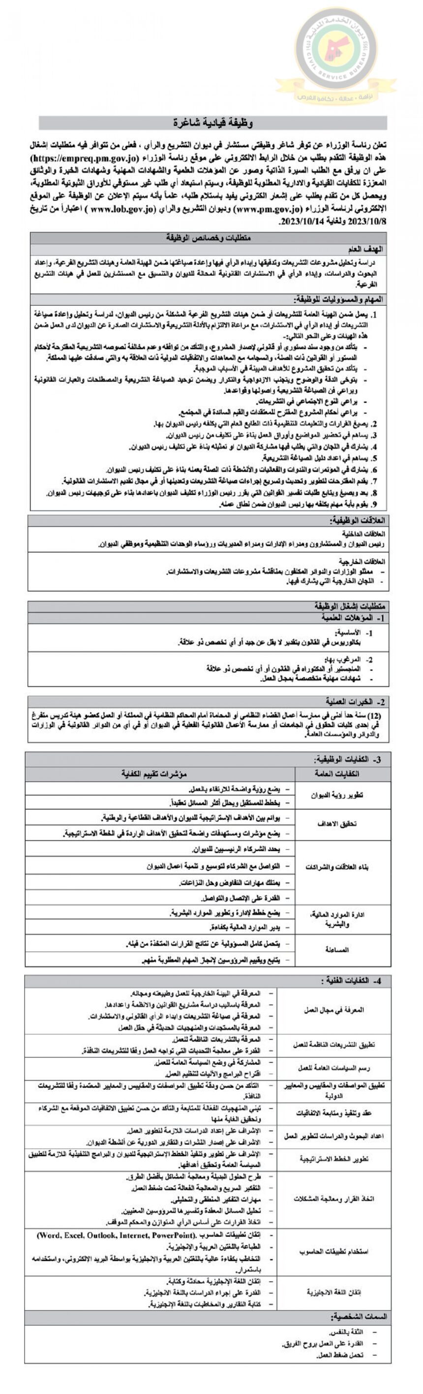 اعلان وظائف شاغرة مستشار في ديوان التشريع والرأي صادرعن رئاسة الوزراء