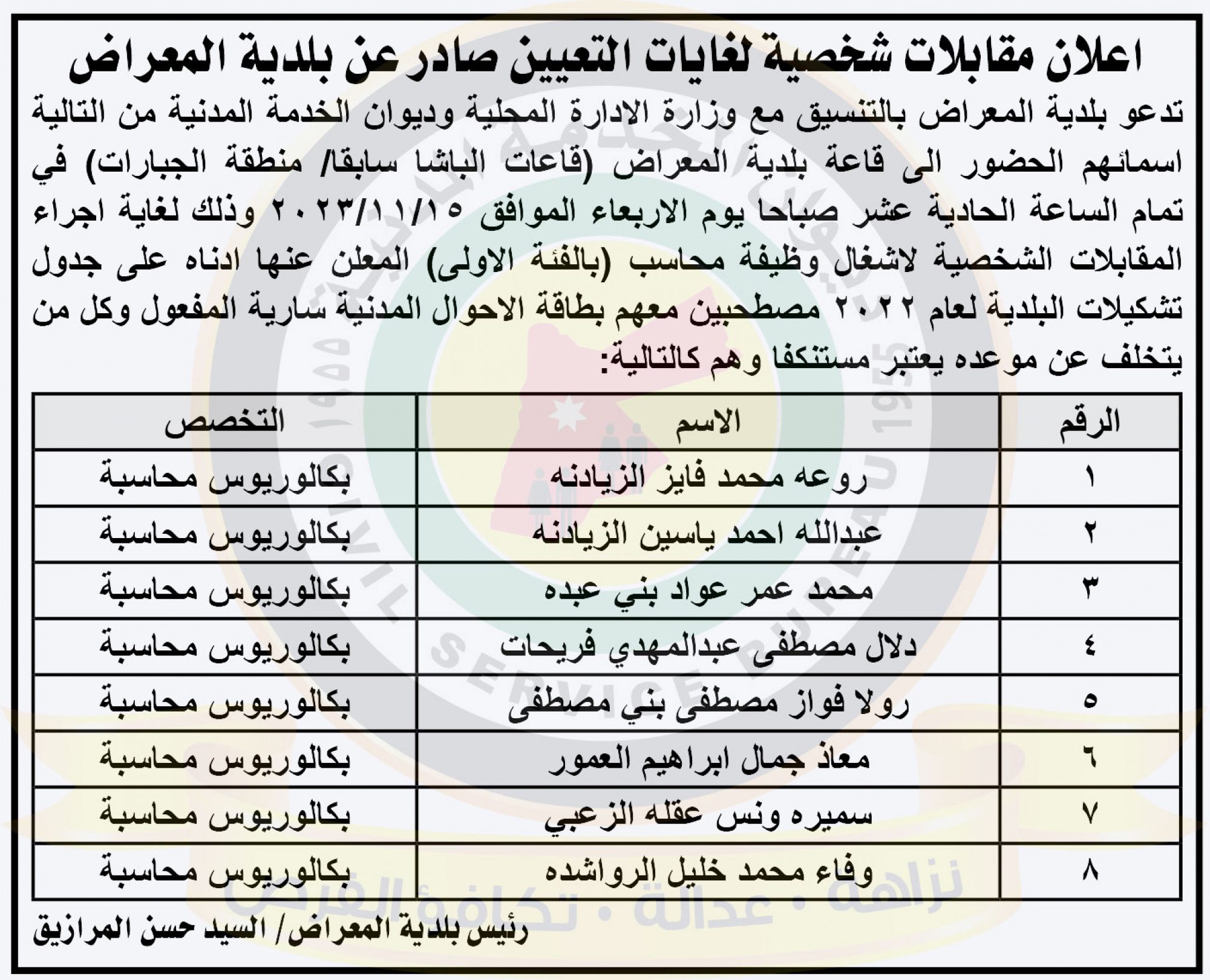 اعلان مقابلات شخصية صادر عن بلدية المعراض