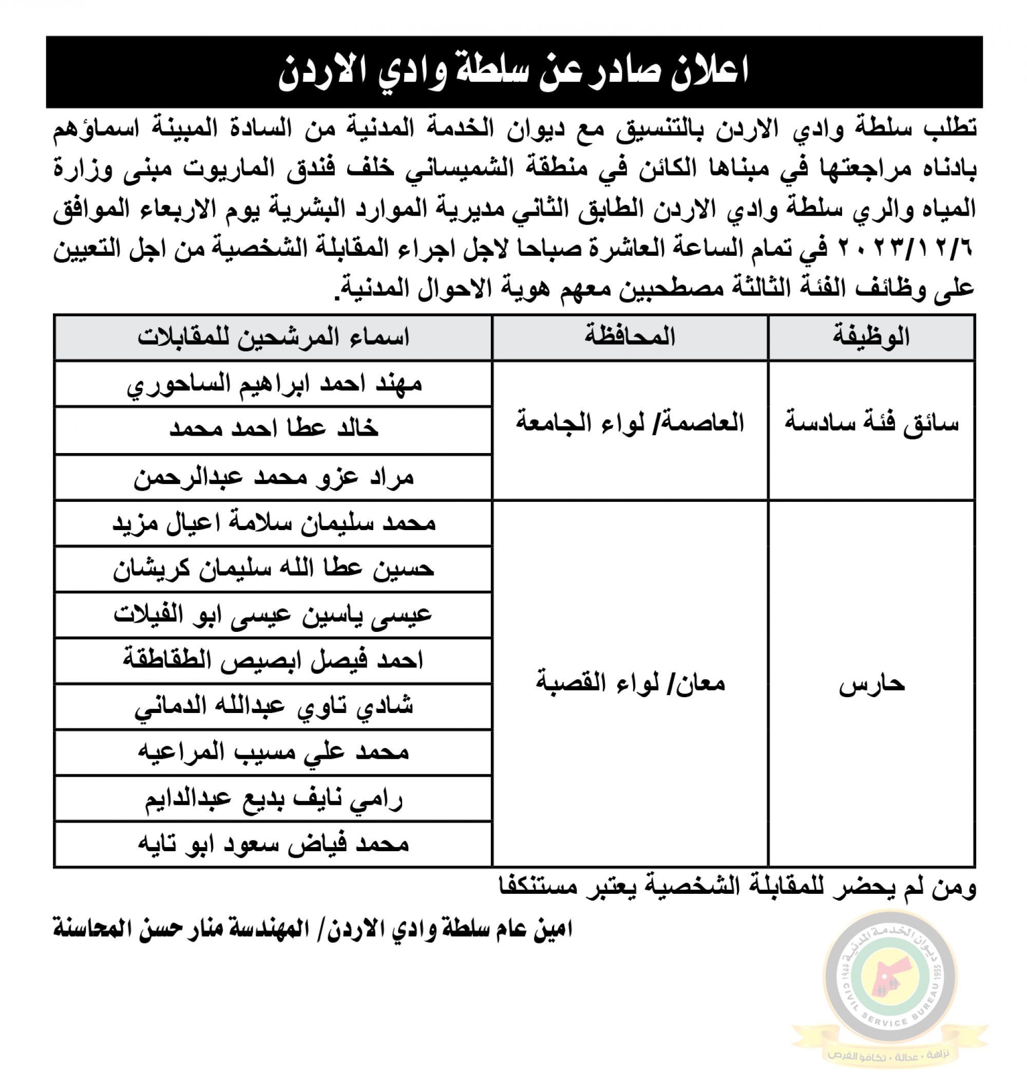 اعلان مقابلة شخصية يوم الاربعاء الموافق 6-12-2023 في تمام الساعة العاشرة صباحا صادر عن سلطة وادي الأردن