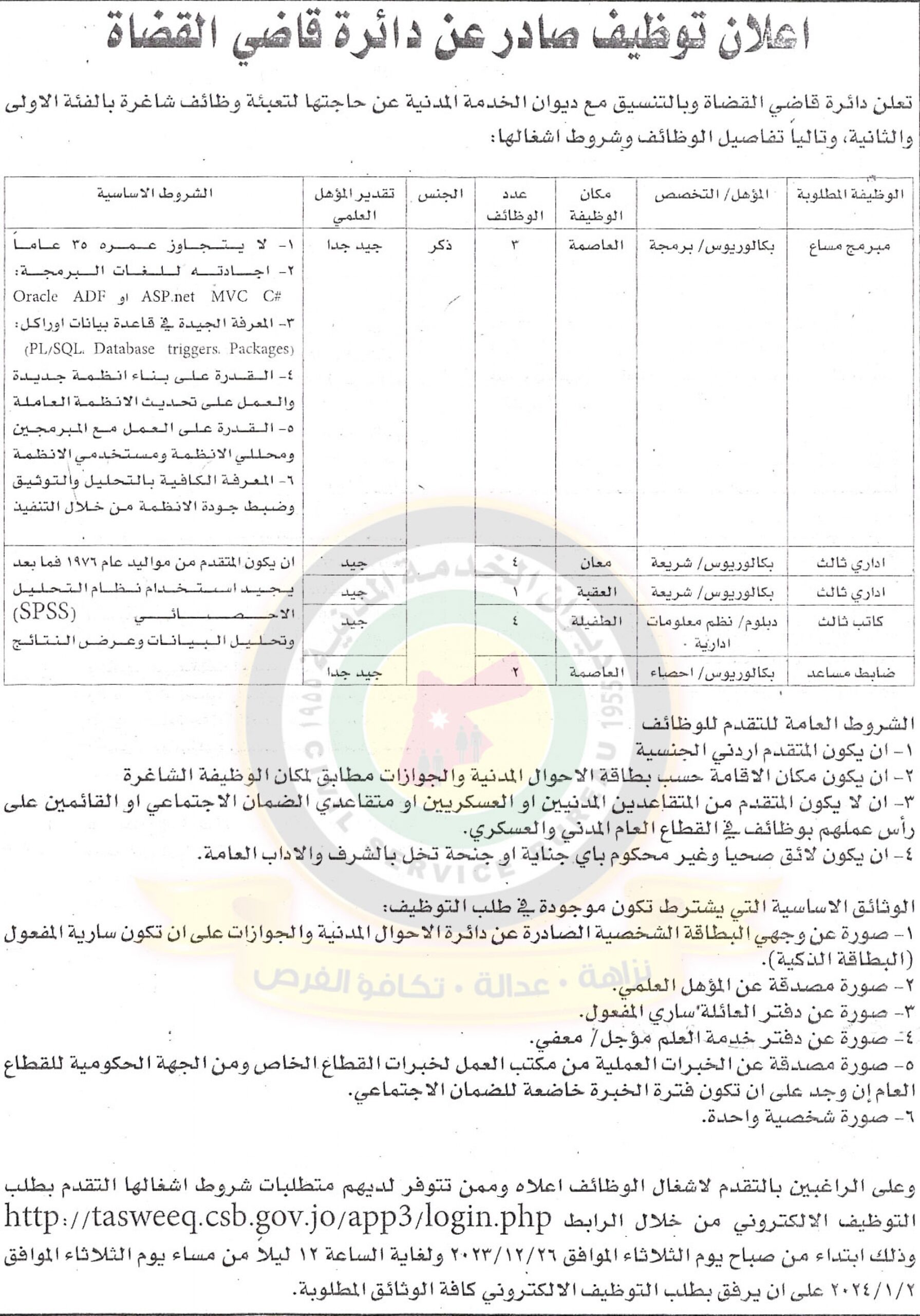 إعلان توظيف صادر عن دائرة قاضي القضاة لتعبئة وظائف شاغرة بالفئة الأولى والثانية