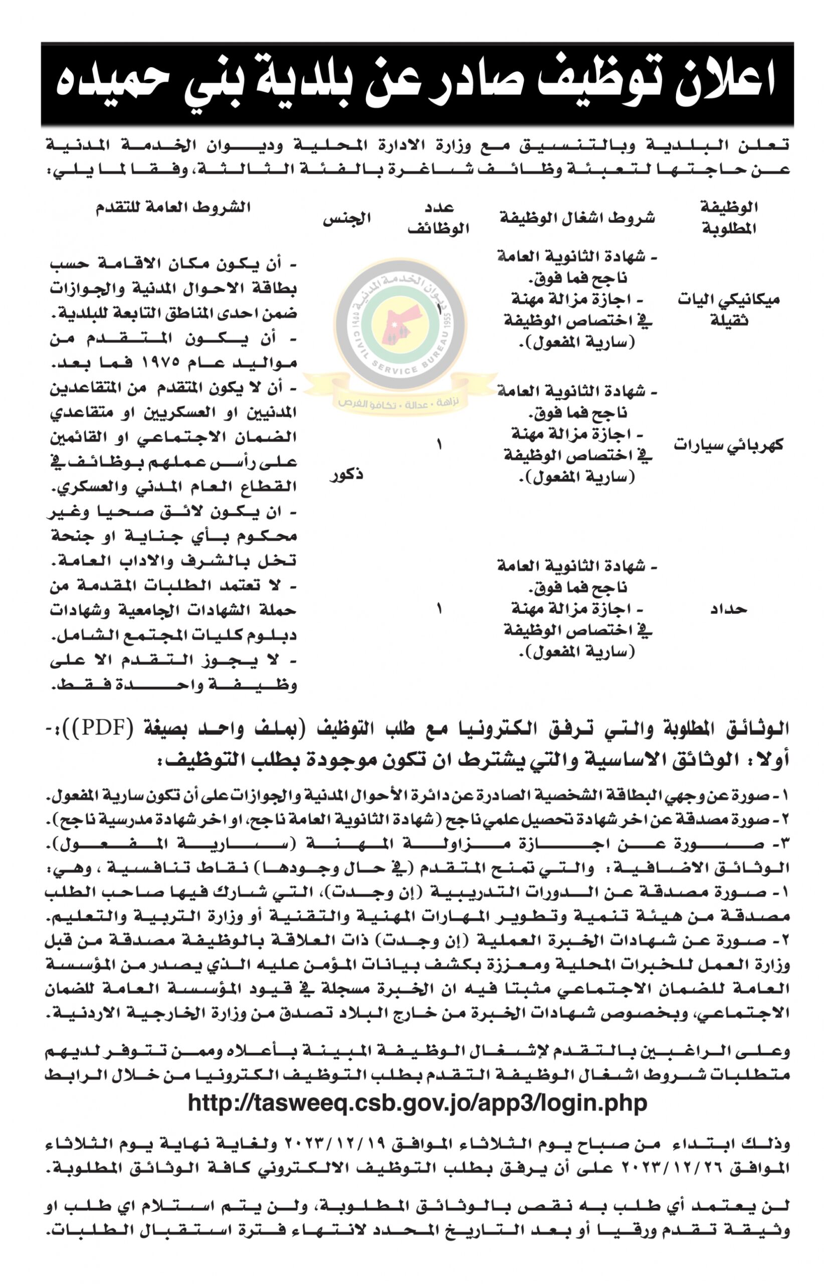 اعلان وظائف شاغرة بالفئة الثالثة صادرعن بلدية بني حميدة