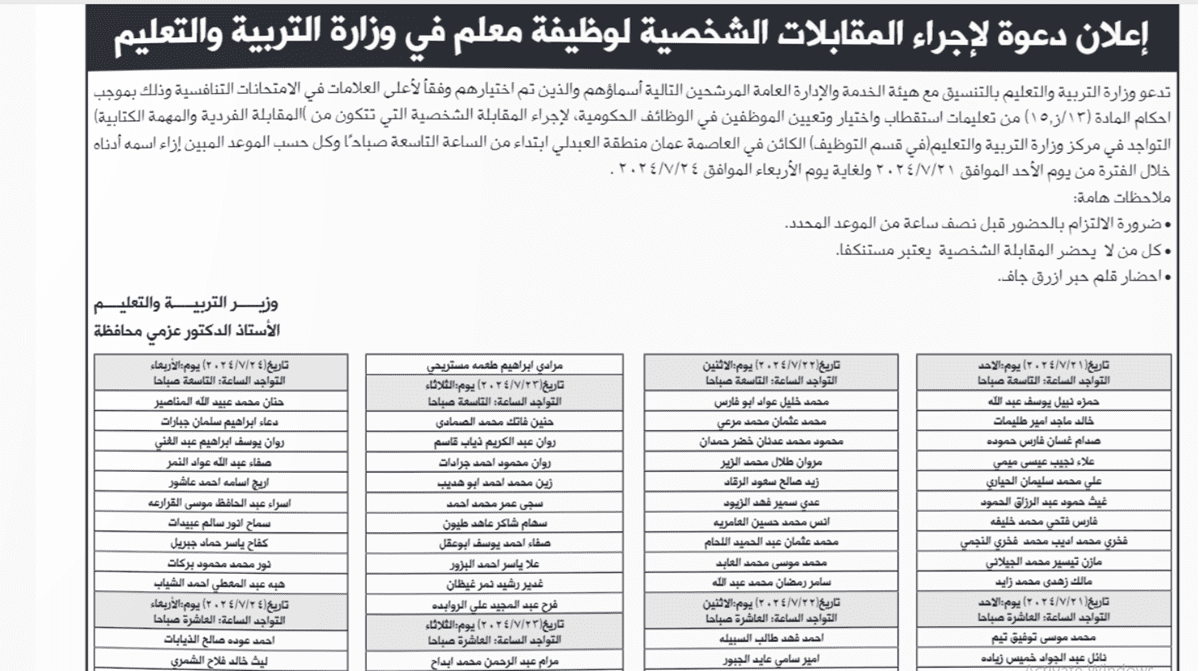 صورة حول : مدعوون لإجراء المقابلات لوظيفة معلم - أسماء مدعوون لإجراء المقابلات لوظيفة معلم - أسماء