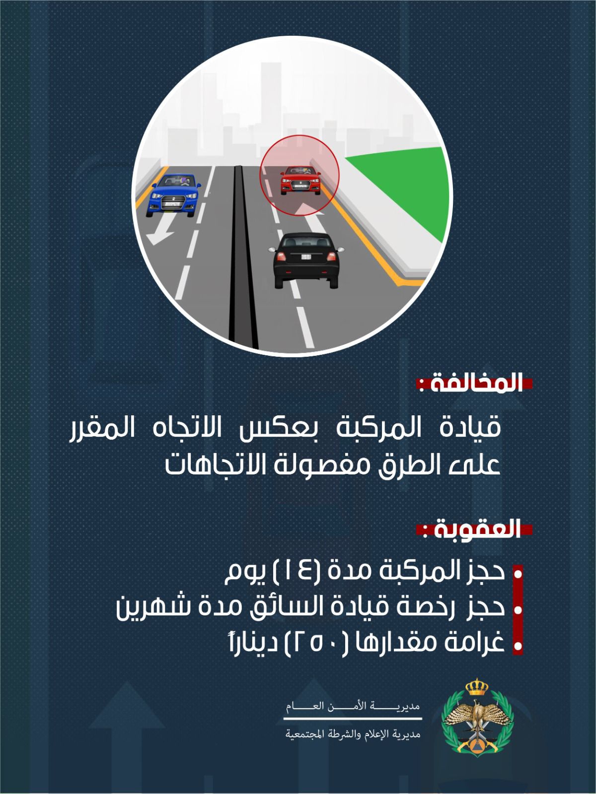 صورة حول : ادارة السير تحذر من ارتكاب مخالفات القيادة بعكس اتجاه السير وتبين الاجراءات القانوية بحق مرتكبيها ادارة السير تحذر من ارتكاب مخالفات القيادة بعكس اتجاه السير وتبين الاجراءات القانوية بحق مرتكبيها