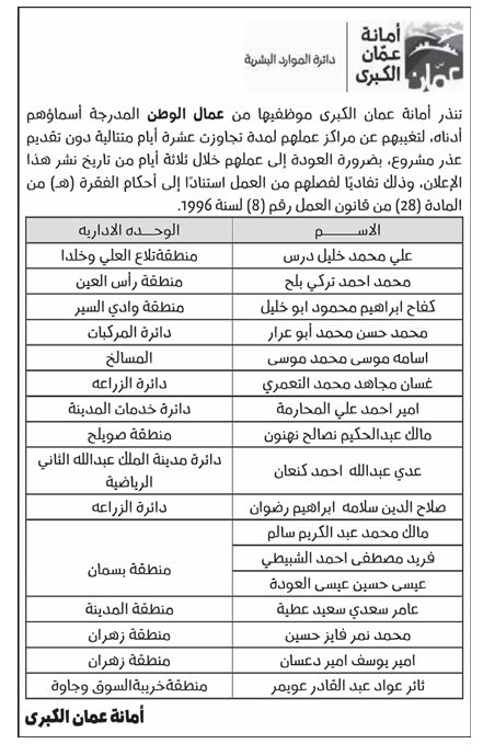 الأمانة تنذر 17 عامل وطن بالفصل (أسماء)