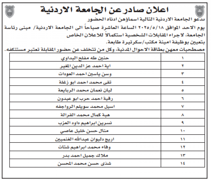 وظائف شاغرة ومدعوون للمقابلات الشخصية (أسماء)