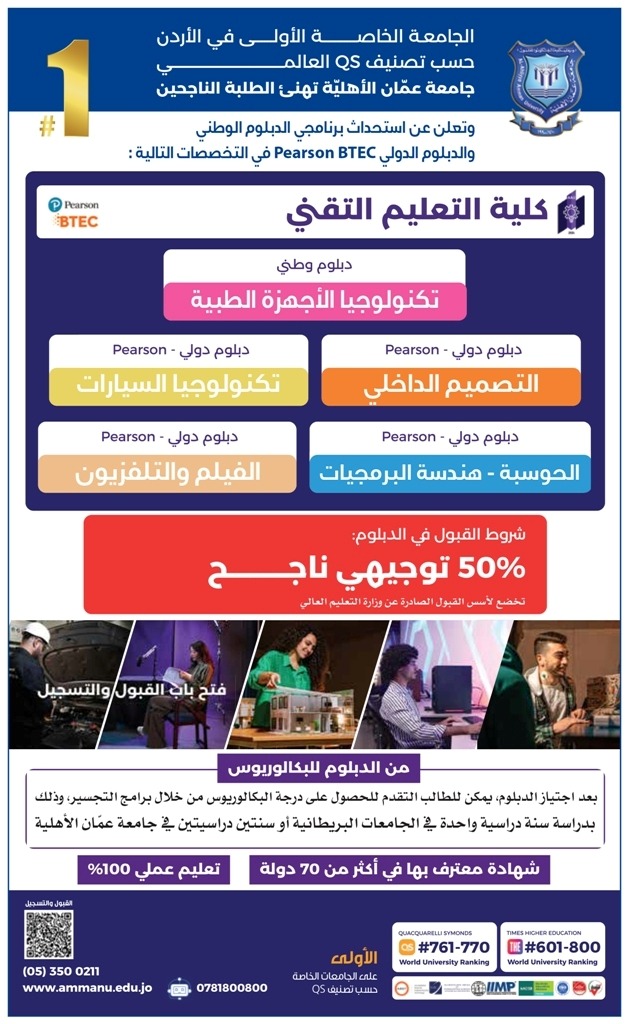 كلية التعليم التقني في عمان الأهلية : تجسيد لرؤية التحديث الاقتصادي وبوابة لمستقبل مهني مضمون