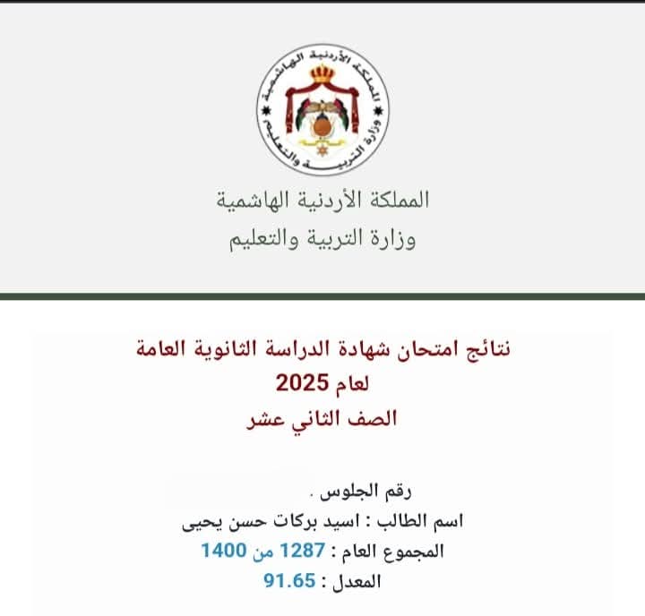 بكل فخر.. نبارك للأستاذ بركات يحيى نجاح وتفوق نجله "أسيد" في الثانوية العامة بمعدل 91.65%