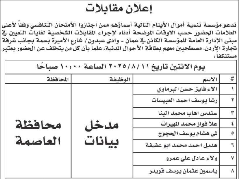 صورة حول : بالاسماء .. وظائف شاغرة ومدعوون للمقابلات الشخصية بالاسماء .. وظائف شاغرة ومدعوون للمقابلات الشخصية
