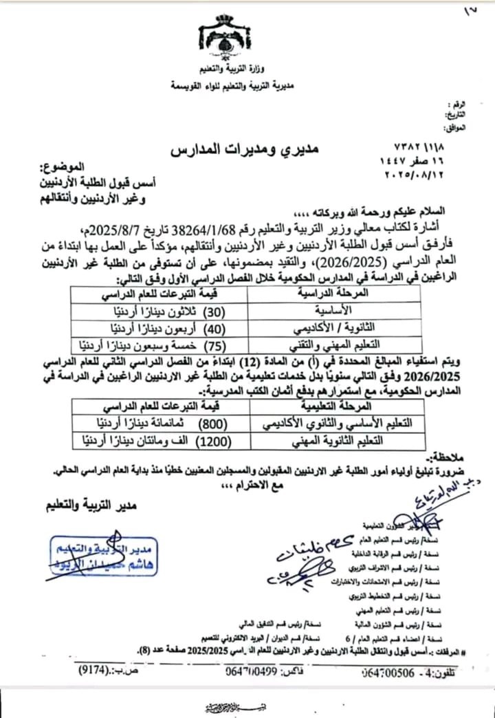 وزارة التربية ترفع رسوم الطلبة الوافدين في المدارس الحكومية