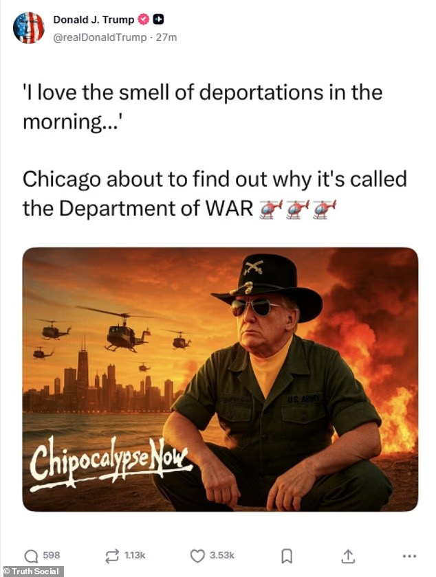 صورة حول : ترامب يهدد شيكاغو بصيغة مستوحاة من فيلم على “تروث سوشيال” وسط تصعيد حول الهجرة ترامب يهدد شيكاغو بصيغة مستوحاة من فيلم على “تروث سوشيال” وسط تصعيد حول الهجرة