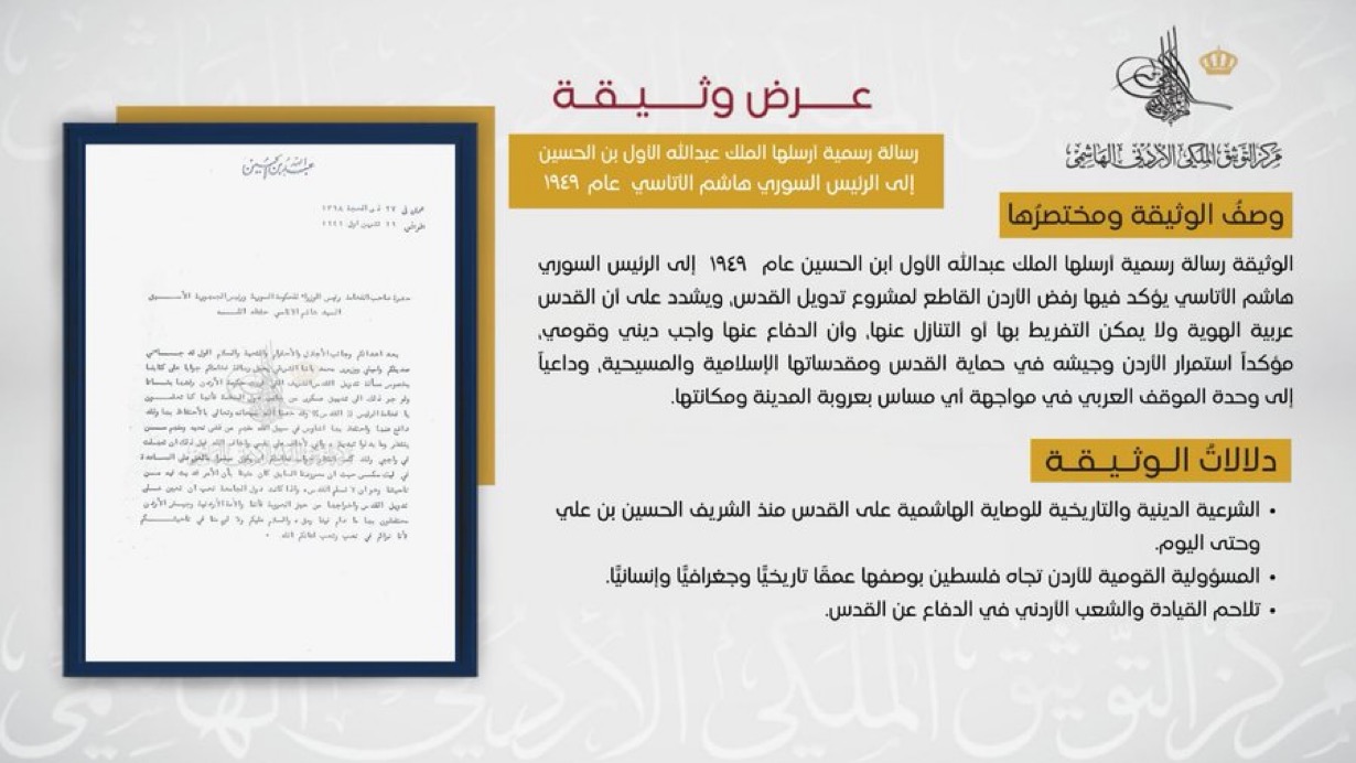 التوثيق الملكي: وثيقة تؤكد موقف الأردن الراسخ تجاه فلسطين