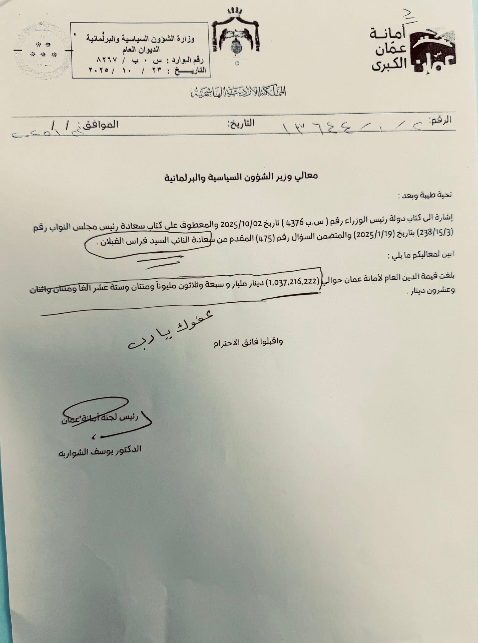 مديونية أمانة عمان تتجاوز المليار… وثيقة