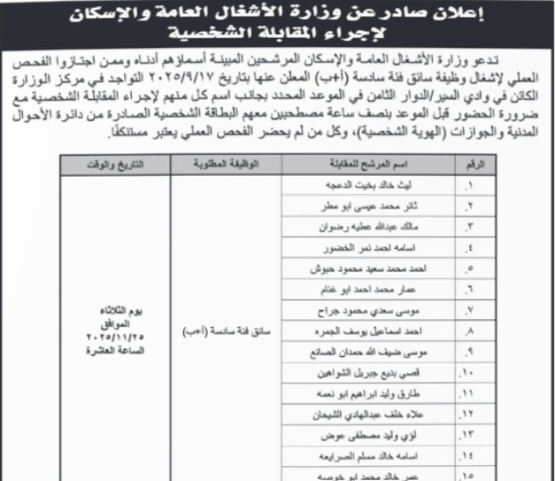 الأشغال تدعو مرشحين لإجراء المقابلات الشخصية