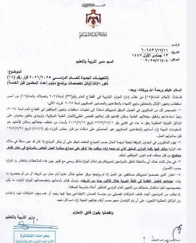 بالاسماء والوثائق ..وزارة التربية تصدر تعيينات جديدة لأصحاب الدبلوم العالي