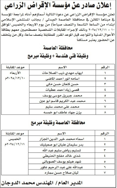عاجل | بالاسماء ..وظائف شاغرة وفرص لمقابلات في مؤسسات حكومية