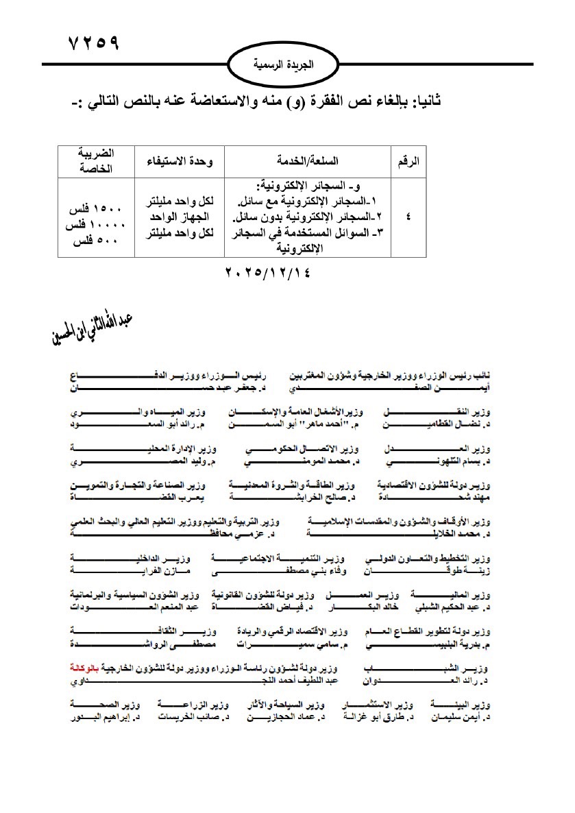 تعديل الضريبة الخاصة على أجهزة التبغ والسجائر الإلكترونية يدخل حيز التنفيذ غداً