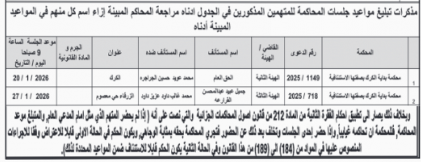 صورة حول : مذكرات تبليغ لمتهمين وتحديد مواعيد المحاكمة مذكرات تبليغ لمتهمين وتحديد مواعيد المحاكمة