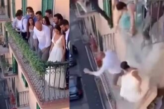 فيديو يوثق شرفة تنهار أثناء حفل زفاف.. لحظات صادمة تُظهر العروسان والضيوف يسقطون .. فما الحقيقة ؟