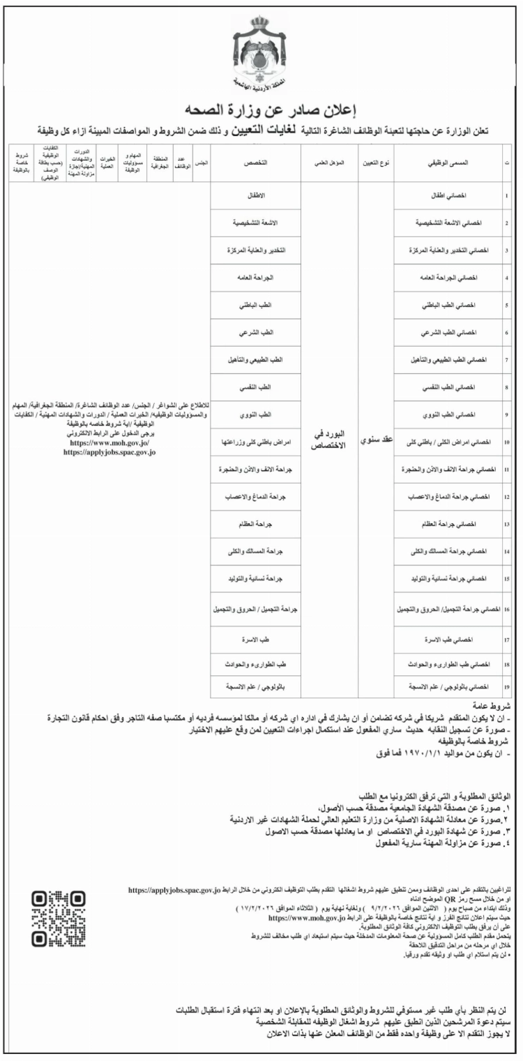 عاجل | وزارة الصحة تعلن عن وظائف شاغرة للتعيين