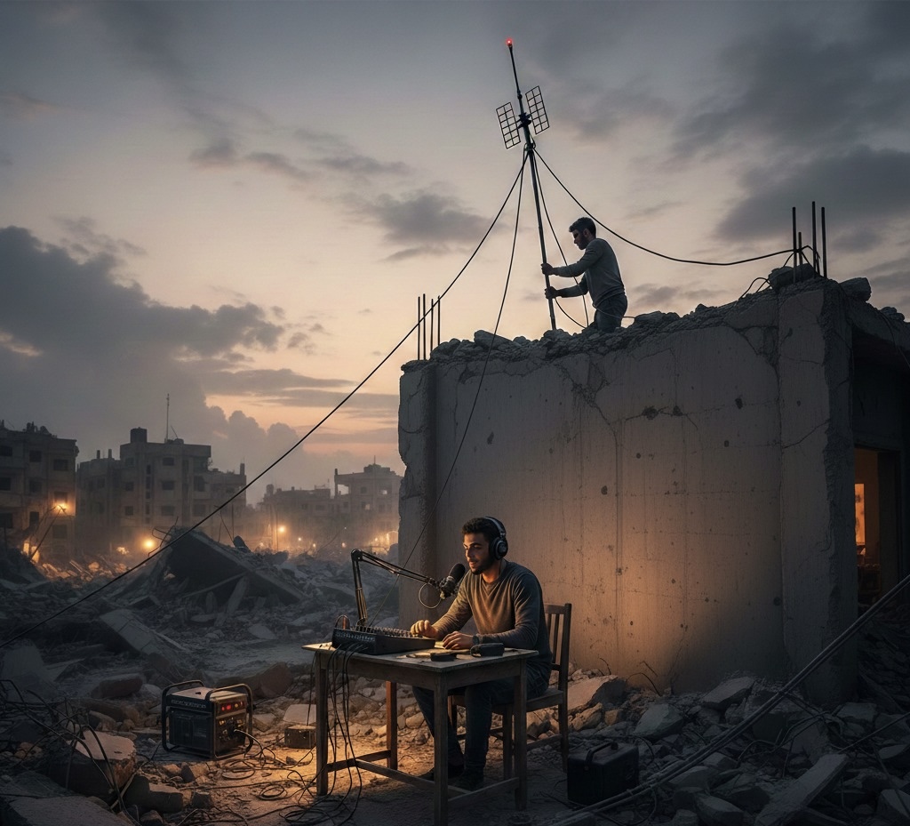 صورة حول : إذاعة "هنا غزة".. صوت يولد من الركام إذاعة "هنا غزة".. صوت يولد من الركام