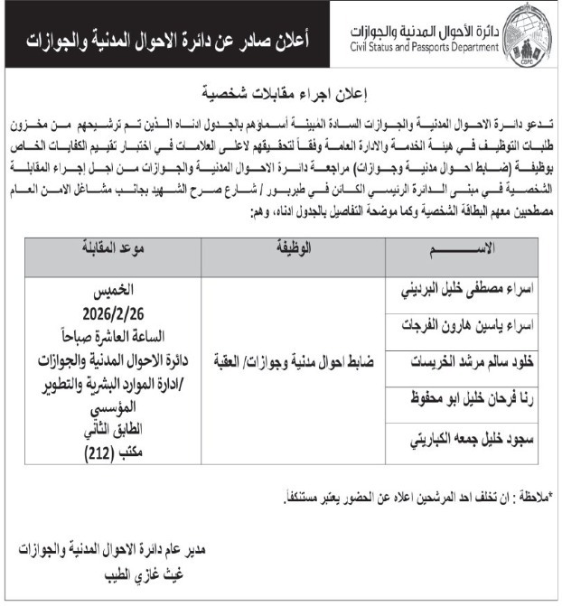 صورة حول : دوائر حكومية تدعو المرشحين للمقابلات التنافسية دوائر حكومية تدعو المرشحين للمقابلات التنافسية