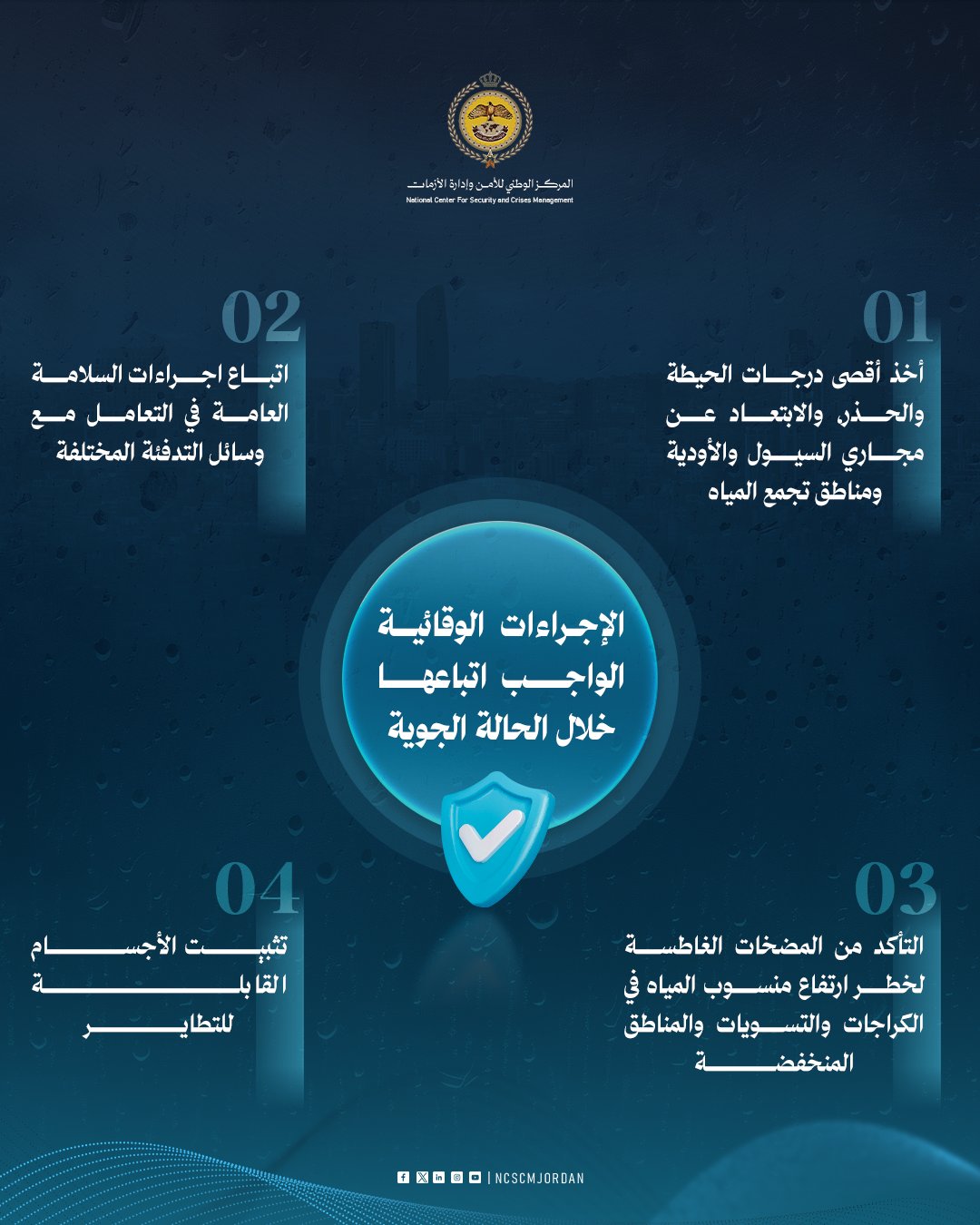 الأمن وإدارة الأزمات يحذر من السيول والأمطار الغزيرة خلال المنخفض