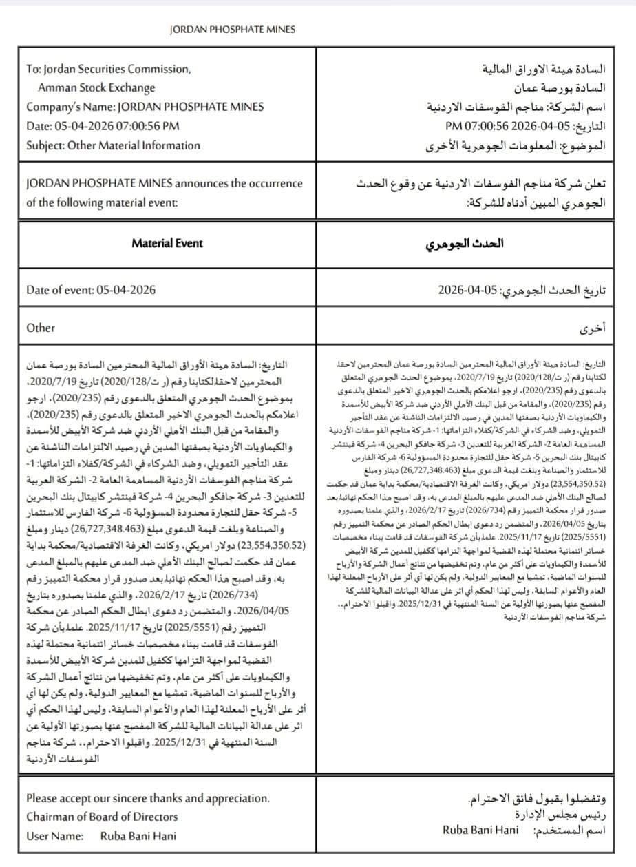 الفوسفات: لا أثر لقضية البنك الأهلي على الأرباح المعلنة للشركة لهذا العام والأعوام السابقة