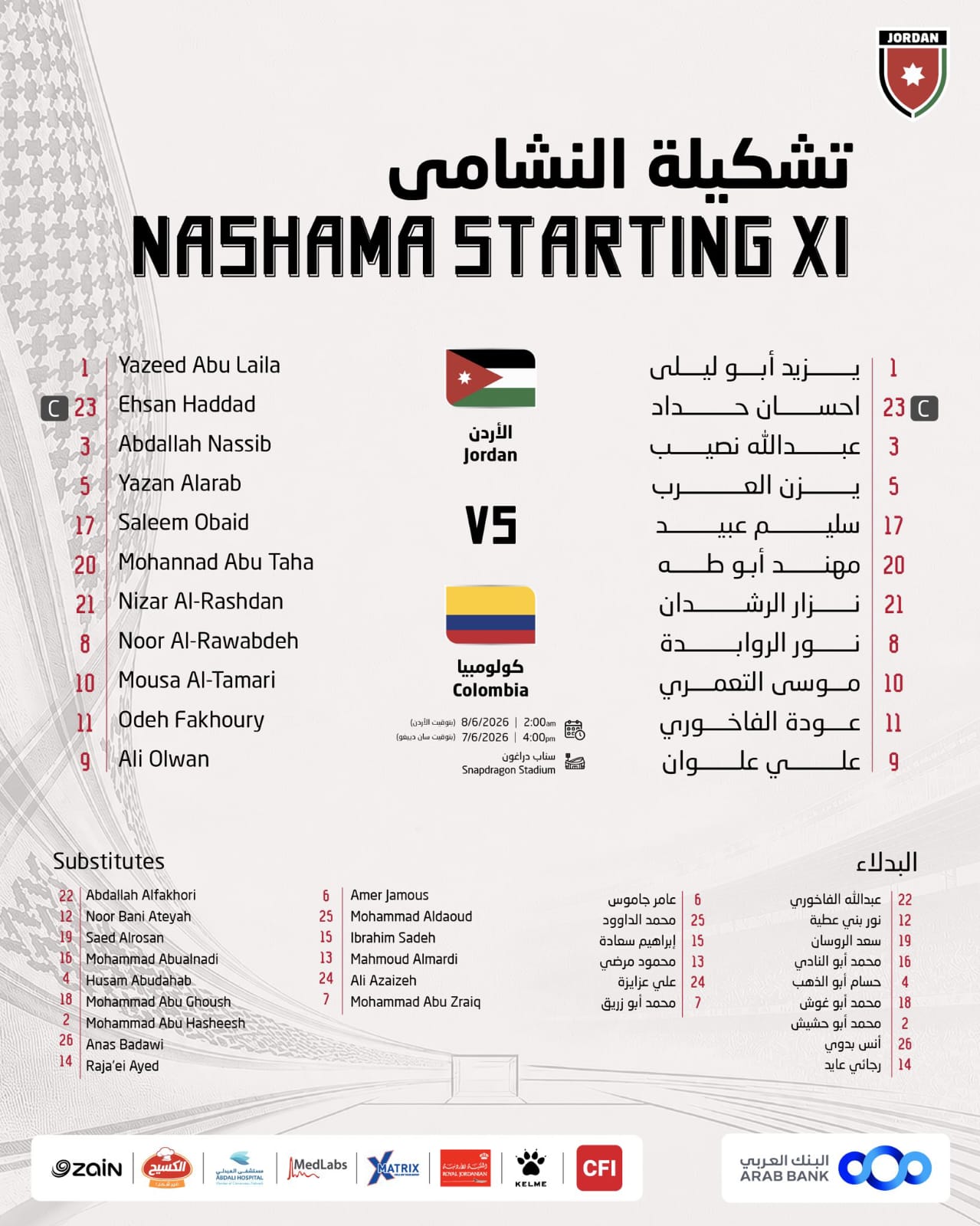 شاهد عبر "صراحة نيوز" مواجهة النشامى وكولومبيا (بث مباشر - تحديث) 2 -0 لكوليمبيا