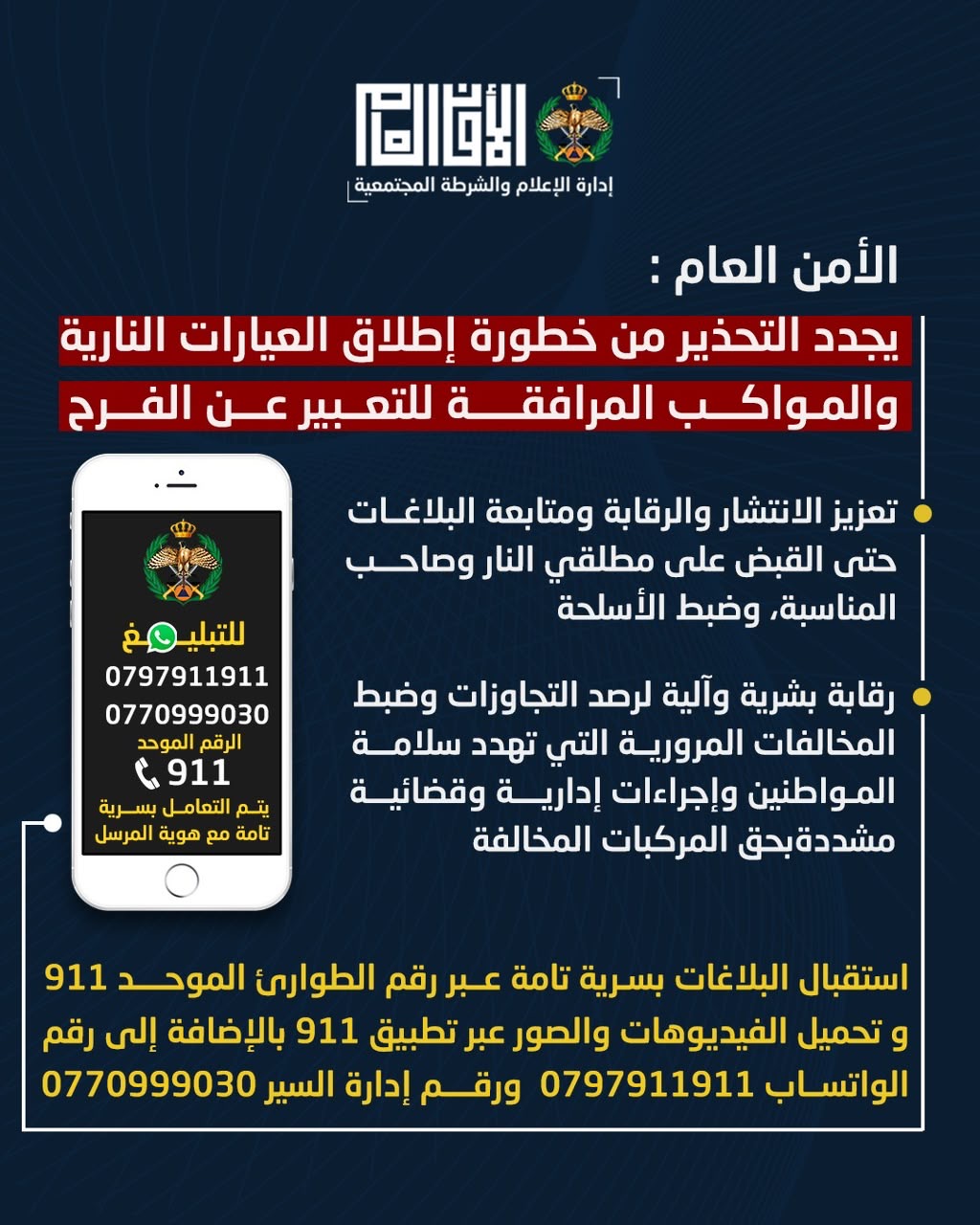 صورة حول : عاجل| الأمن العام : نجدد التحذير من إطلاق العيارات النارية والسلوكيات المرورية الخطرة المرافقة للتعبير عن الفرح عاجل| الأمن العام : نجدد التحذير من إطلاق العيارات النارية والسلوكيات المرورية الخطرة المرافقة للتعبير عن الفرح