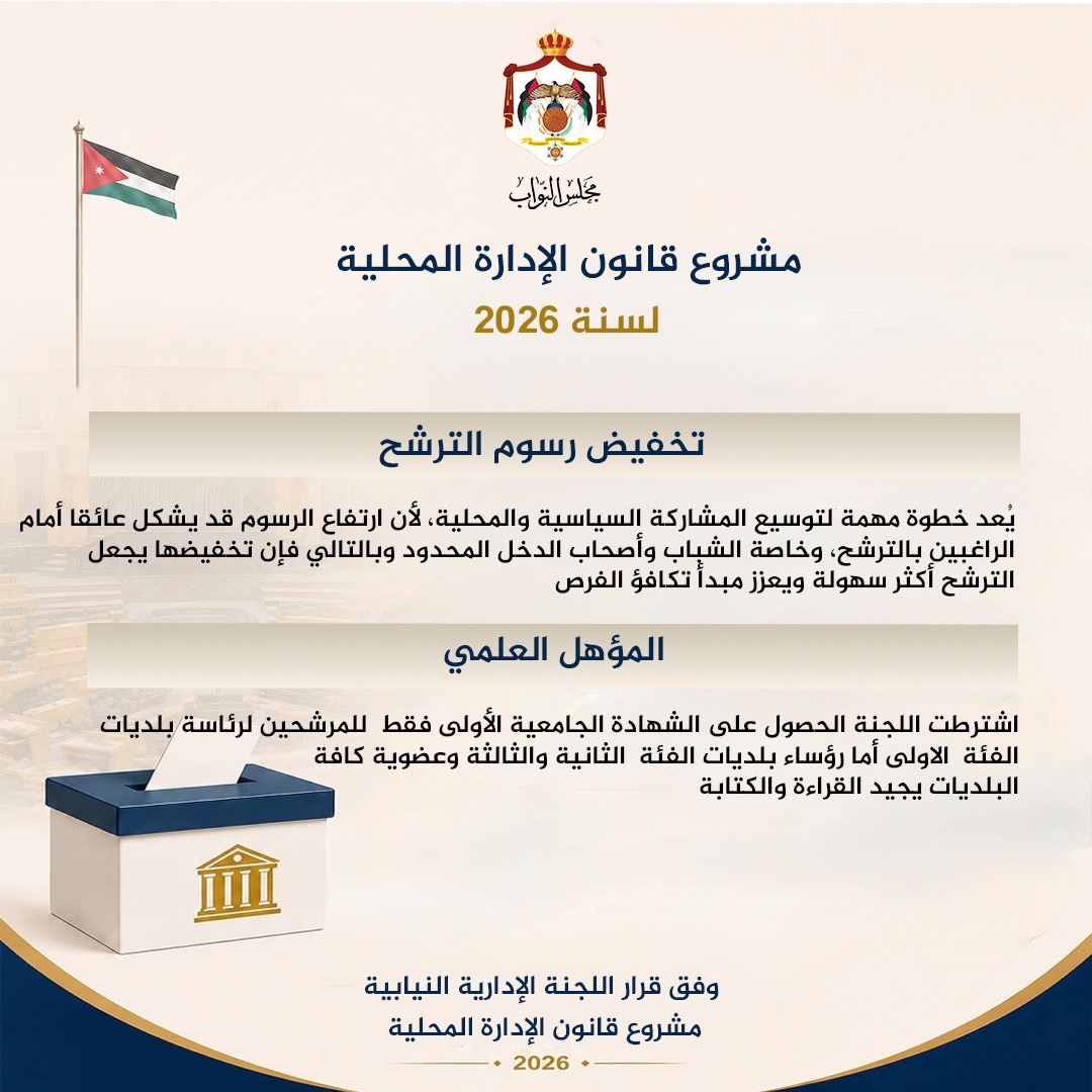 أبرز التعديلات التي أنجزتها اللجنة الإدارية النيابية على مشروع قانون الإدارة المحلية لسنة 2026
