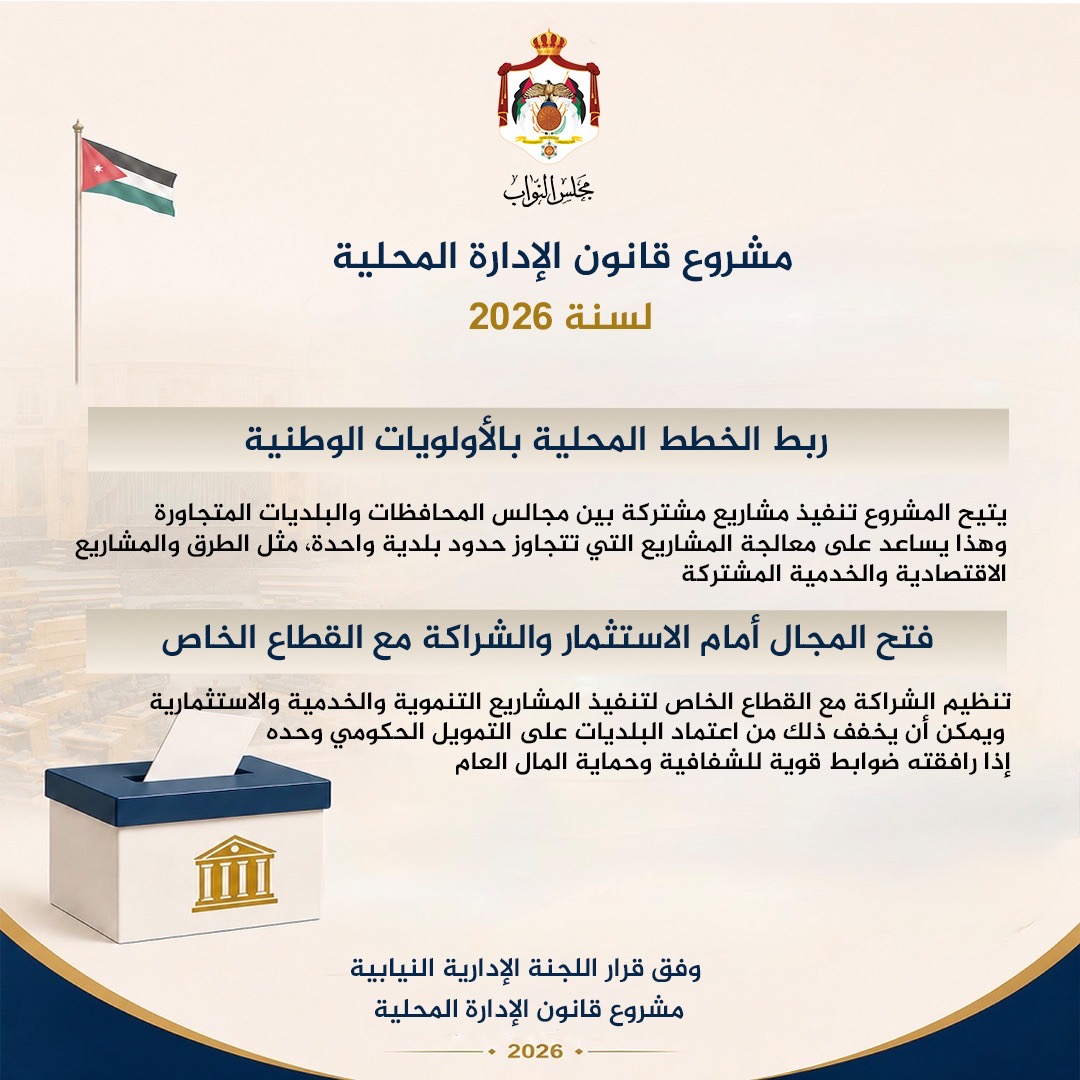 أبرز التعديلات التي أنجزتها اللجنة الإدارية النيابية على مشروع قانون الإدارة المحلية لسنة 2026