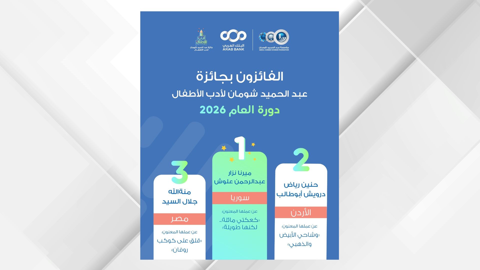 صورة حول : شومان تعلن الفائزين بجائزة أدب الأطفال 2026 شومان تعلن الفائزين بجائزة أدب الأطفال 2026